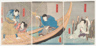 Actors as the Priest Seishin of Gokuraku Temple, Tsukioka Hakuren, Izayoi and Yotsudeami No Gora