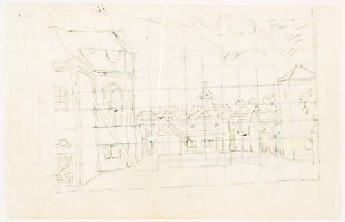 Set Design for the Village Square for the Ballet "Coppelia" (Act I)