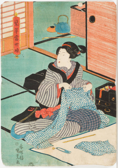 Woman Sewing within a Room