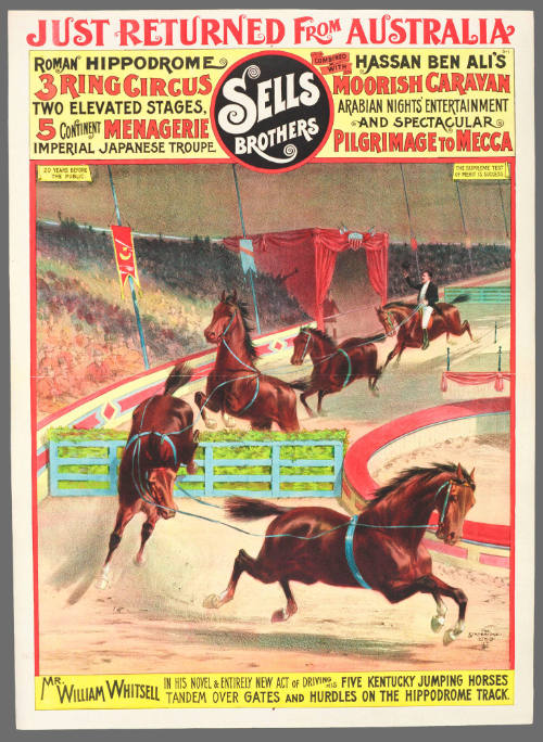 Sells Brothers: Mr. William Whitsell in His Novel & Entirely New Art of Driving His Five Kentucky Jumping Horses Tandem Over Gates and Hurdles on the Hippodrome Track