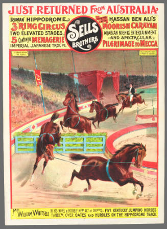 Sells Brothers: Mr. William Whitsell in His Novel & Entirely New Art of Driving His Five Kentucky Jumping Horses Tandem Over Gates and Hurdles on the Hippodrome Track