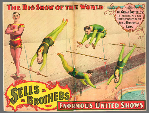 Sells Brothers Enormous United Shows: The Great Costellos in Thrilling Mid-Air Performances on the Aerial Horizontal Bars.