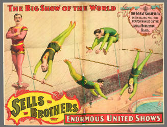 Sells Brothers Enormous United Shows: The Great Costellos in Thrilling Mid-Air Performances on the Aerial Horizontal Bars.