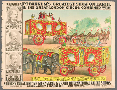 P.T. Barnum's Greatest Show on Earth & The Great London Circus: The Great Rajah, on His Moving Golden Throne, Surrounded by Oriental Houris, & the Musical Car of Siren-Like Swiss Bell Ringers