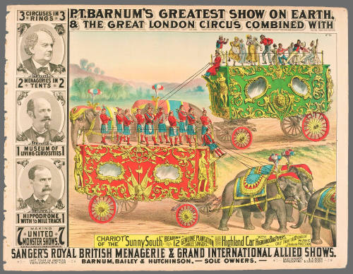 P.T. Barnum's Greatest Show on Earth & The Great London Circus: Chariot of the "Sunny South" Bearing 12 Genuine Plantation Jubilee Singers and the Highland Car with Highland Bag Pipers.