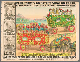 P.T. Barnum's Greatest Show on Earth & The Great London Circus: Chariot of the "Sunny South" Bearing 12 Genuine Plantation Jubilee Singers and the Highland Car with Highland Bag Pipers.