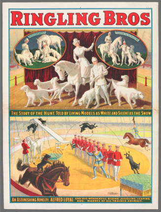 Ringling Bros: "The Story of the Hunt." Told by Living Models as White and Silent as the Snow / An Astonishing Novelty. Alfred Loyal