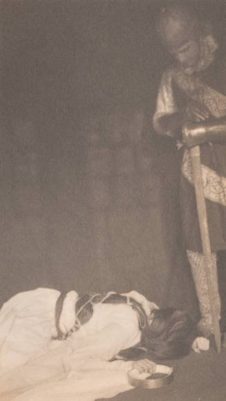 Woman Lying Face Down on Floor, Man in Knight Costume Standing at Right