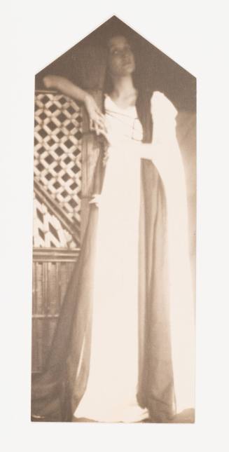 Standing Woman in Medieval Costume, Right Arm Resting on Lattice Work