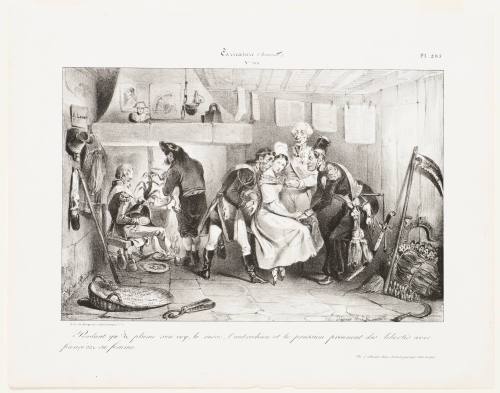 Pendant quil plume son coq, le Russe, l'Autrichien et le Prussien prennent des libertés avec France oise sa femme