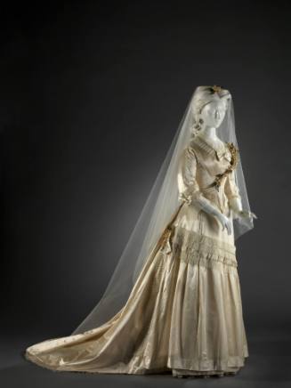 Wedding Ensemble: Bodice, Skirt, Petticoat, Bustle, Gloves, Stockings, Shoes, and Wedding Journal