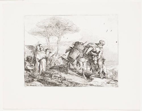 Mary, Helped by Two Angels Follows Joseph with the Donkey