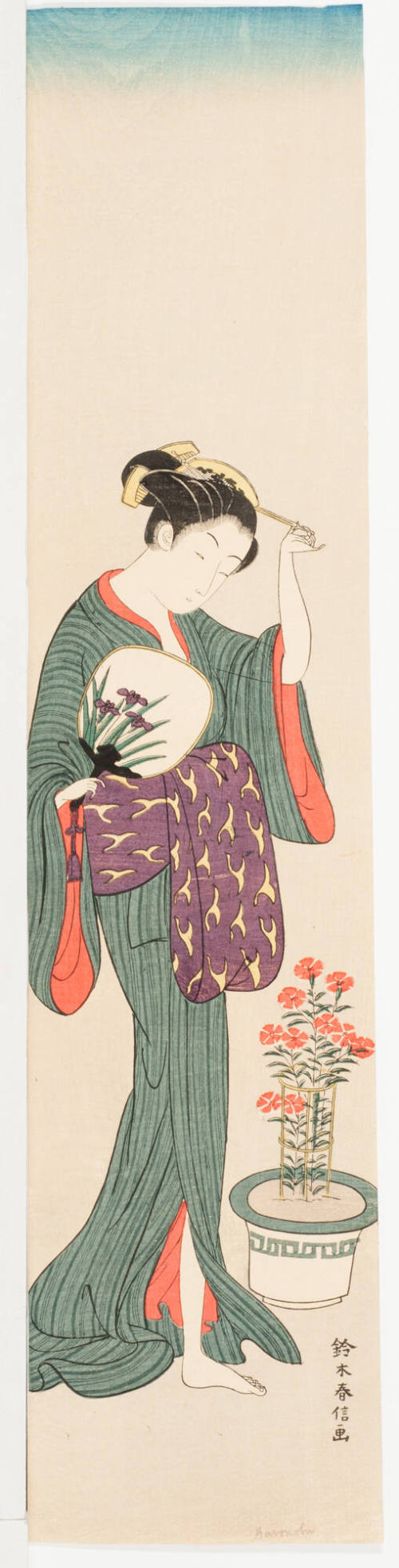 Woman and Pot of Pinks