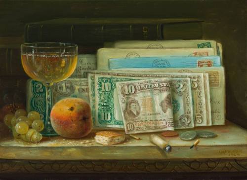 Still Life with Currency, Wine Glass, and Peach