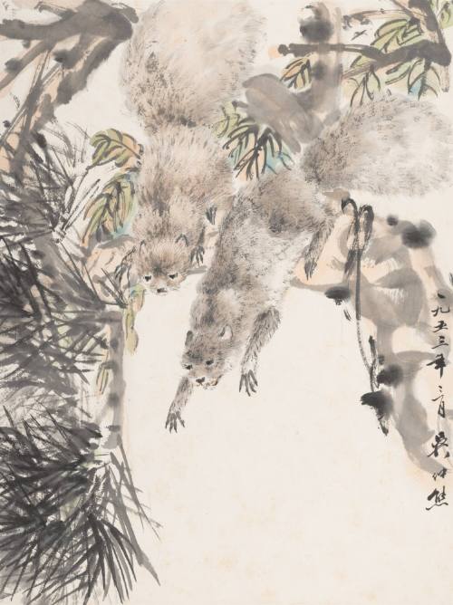 Two Squirrels on a Pine Branch