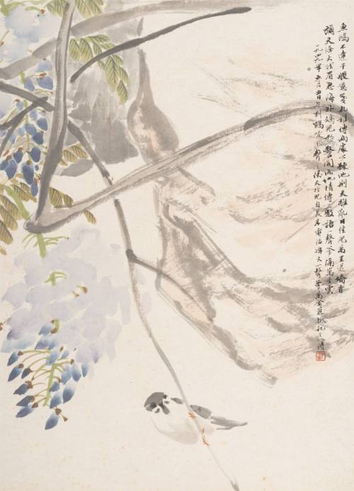 A Sparrow on a Wisteria Branch