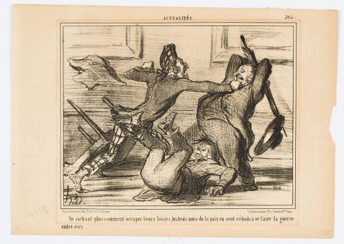 No longer knowing what to do in their leisure time, the three friends of peace are reduced to waging war among themselves (Ne sachant plus comment occuper leur loisirs, les trois amis de la paix en sont réduits à faire la guerre entre-eux)