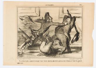 No longer knowing what to do in their leisure time, the three friends of peace are reduced to waging war among themselves (Ne sachant plus comment occuper leur loisirs, les trois amis de la paix en sont réduits à faire la guerre entre-eux)