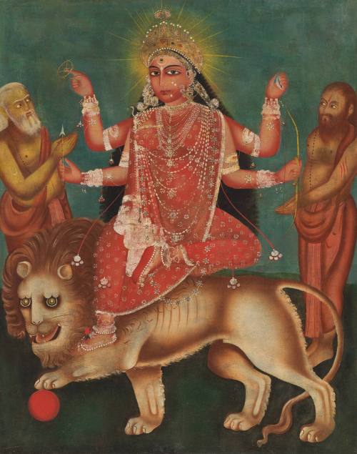 The Goddess Durga Riding a Lion with Devotees Alongside