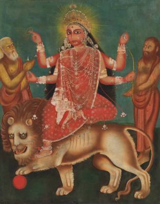 The Goddess Durga Riding a Lion with Devotees Alongside