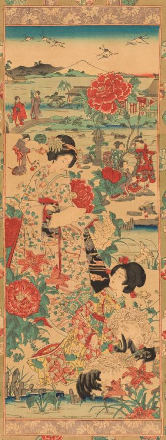 Two Beauties with Flowers and Cranes