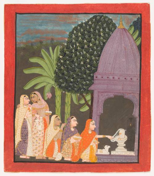 Five Female Devotees Worshipping at a Shiva Linga