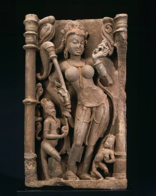 Celestial Female Figure Attended by an Ascetic and a Gana