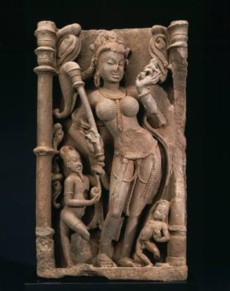 Celestial Female Figure Attended by an Ascetic and a Gana