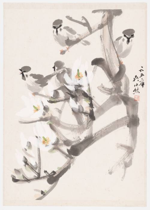 Four Sparrows and White Blossoms