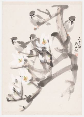Four Sparrows and White Blossoms