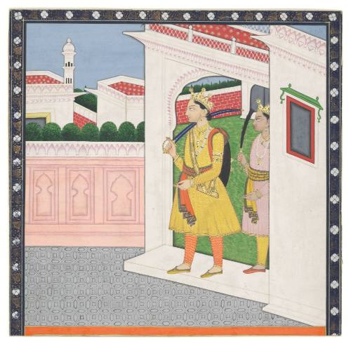 Two princes leaving a palace compound, possibly from a Mahabharata