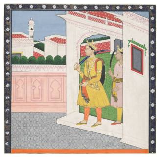 Two princes leaving a palace compound, possibly from a Mahabharata