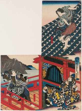 Jitsukawa Ensaburō as Inuzuka Shino (upper right), Kataoka Gado II as Chief of Police Inugai Kempachi (lower left) with three of his Men from Tale of Eight Dogs, No. 3 (Hakkenden, dai san)