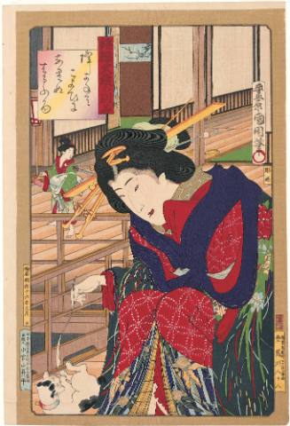Woman Teasing Cat from Newly-Woven Brocades: Musashi Beauties [Nishiki ori Musashi no beppin]