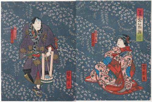 Fujikawa Tomokichi III as Hatsukana and Jitsukawa Ensaburō I as Michisuki from play Flower Storm, Daybreak at Hakone (Hanafubuki Hakone no akebono)
