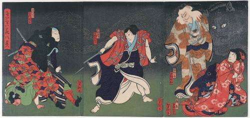 Nakamura Nakasuke as Neko Ikkaku and Nakamura Shigaku as the courtesan Funamushi (right), Nakamura Sōjūrō as Inumura Kakutarō (center) and Jitsukawa Enjaku I as Inugai Genpachi (left) from the play Courtesans as Eight Flower Blossoms  (Keisai hana no yatsubusa)