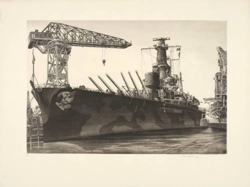 Battle Wagon -- U.S.S. Alabama Outfitting at Norfolk Navy Yard. Crane Ship Kearsarge Alongside 1942
