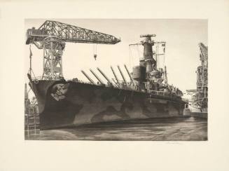 Battle Wagon -- U.S.S. Alabama Outfitting at Norfolk Navy Yard. Crane Ship Kearsarge Alongside 1942