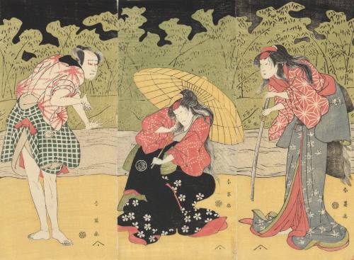 Actors in a Theatrical Scene on a Riverbank: (R) Segawa Kikunojō III as Kasane; (C) Nakayuama Tomisaburō as Okiku; (L) Sawamura Sojurō III as Hanyūmura Yoemon