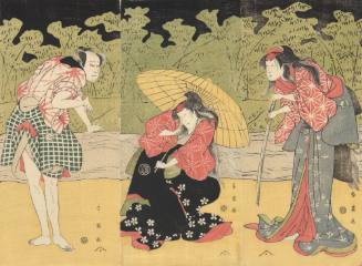 Actors in a Theatrical Scene on a Riverbank: (R) Segawa Kikunojō III as Kasane; (C) Nakayuama Tomisaburō as Okiku; (L) Sawamura Sojurō III as Hanyūmura Yoemon
