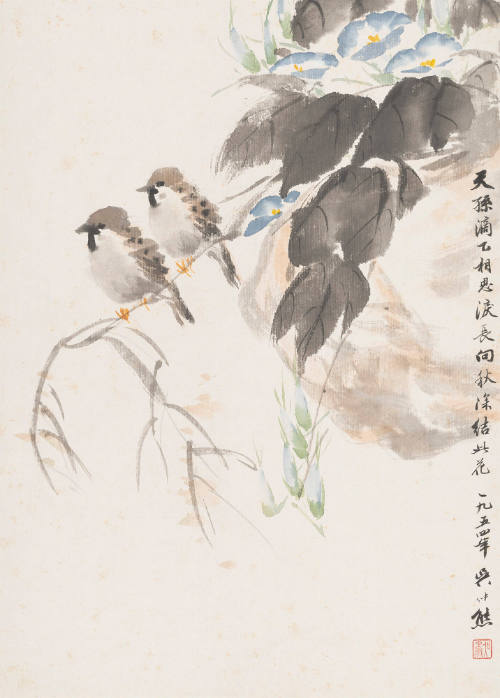 Two Sparrows and Morning Glory