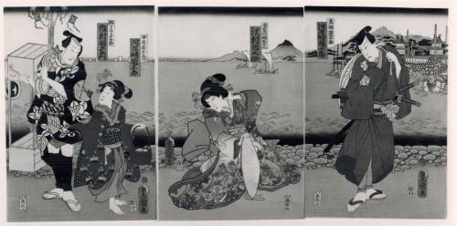 The Actors Kawarazaki Gonjuro, Sawamura Tanosuke, Kawarazaki Kunitaro and Ichimura Uzaemon as Yama (Tadama) Jutaro, Yosaemon's Daughter Orie, the Girl Diver Oshizu, and the Candy Seller Sentaro