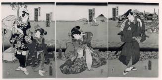 The Actors Kawarazaki Gonjuro, Sawamura Tanosuke, Kawarazaki Kunitaro and Ichimura Uzaemon as Yama (Tadama) Jutaro, Yosaemon's Daughter Orie, the Girl Diver Oshizu, and the Candy Seller Sentaro