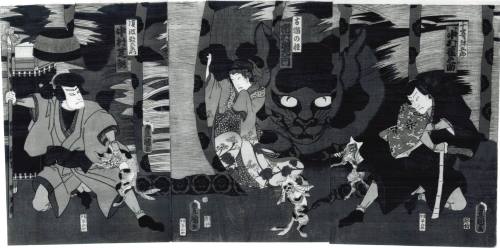 The Actors Nakamura Jakunosuke, Ichimura Uzaemon and Nakamura Shikan as Sensaki Yagoro, the Spirit of the Old Cat, and the Travelling Priest Suwa Sukuemon