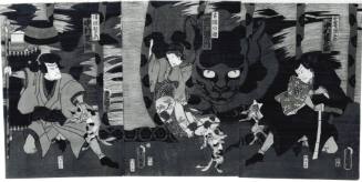 The Actors Nakamura Jakunosuke, Ichimura Uzaemon and Nakamura Shikan as Sensaki Yagoro, the Spirit of the Old Cat, and the Travelling Priest Suwa Sukuemon
